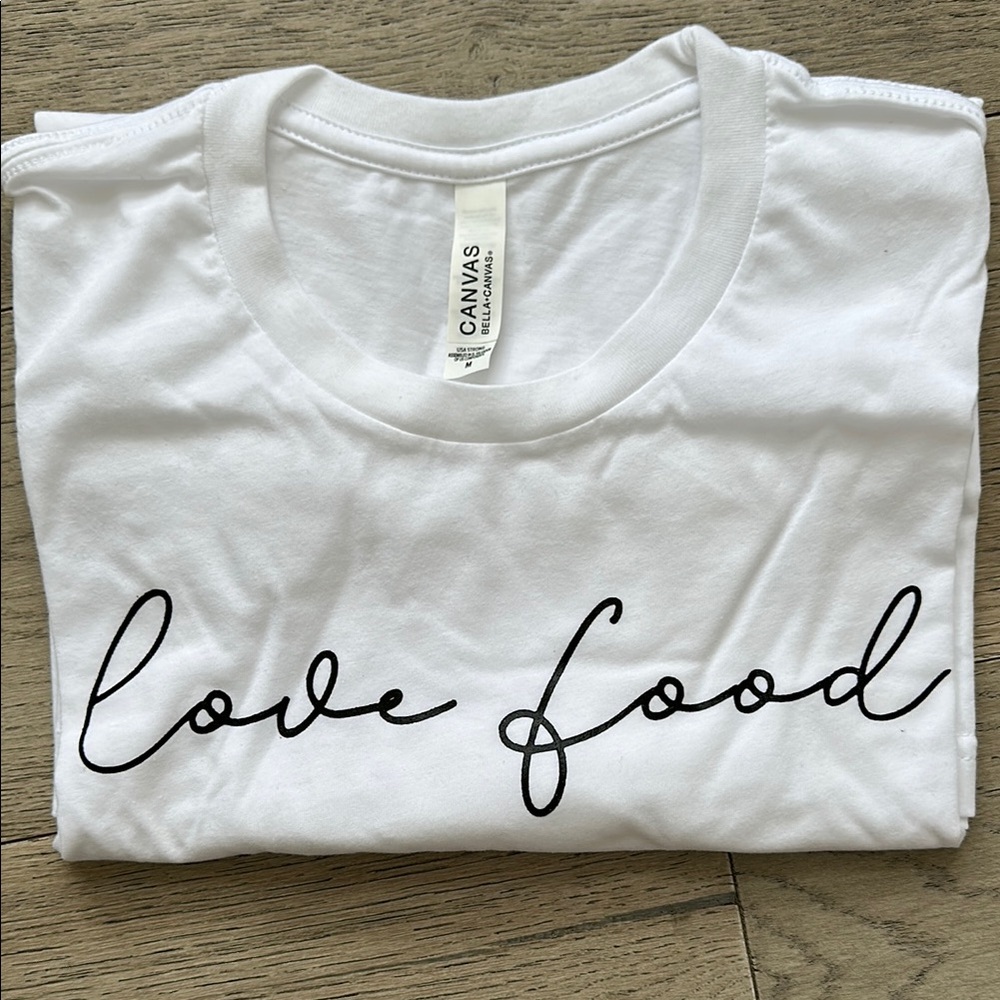 White Graphic Tee with 'Love Food' Print